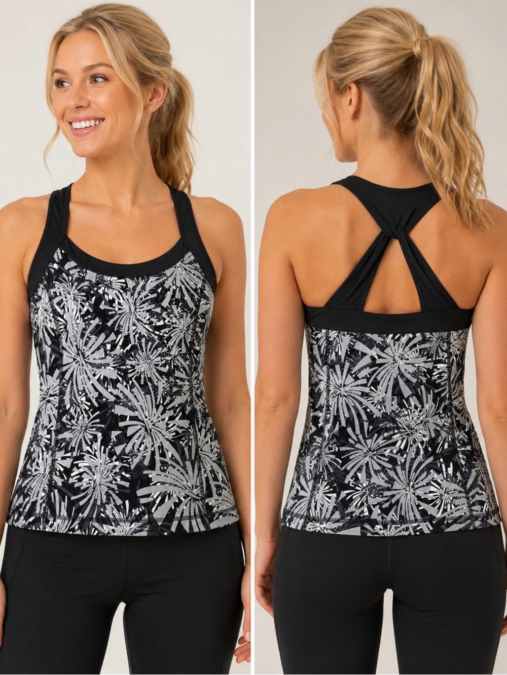 Women’s Black Gray Palm Print Racerback Yoga Tank Built-In Bra Size Large